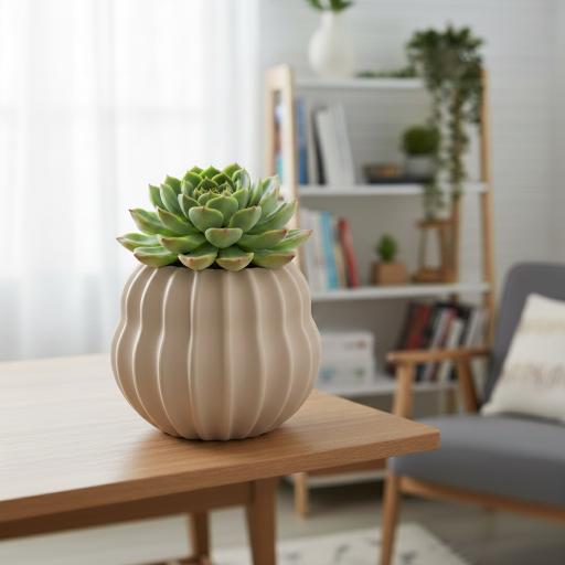 Modern beige barrel-shaped plant pot