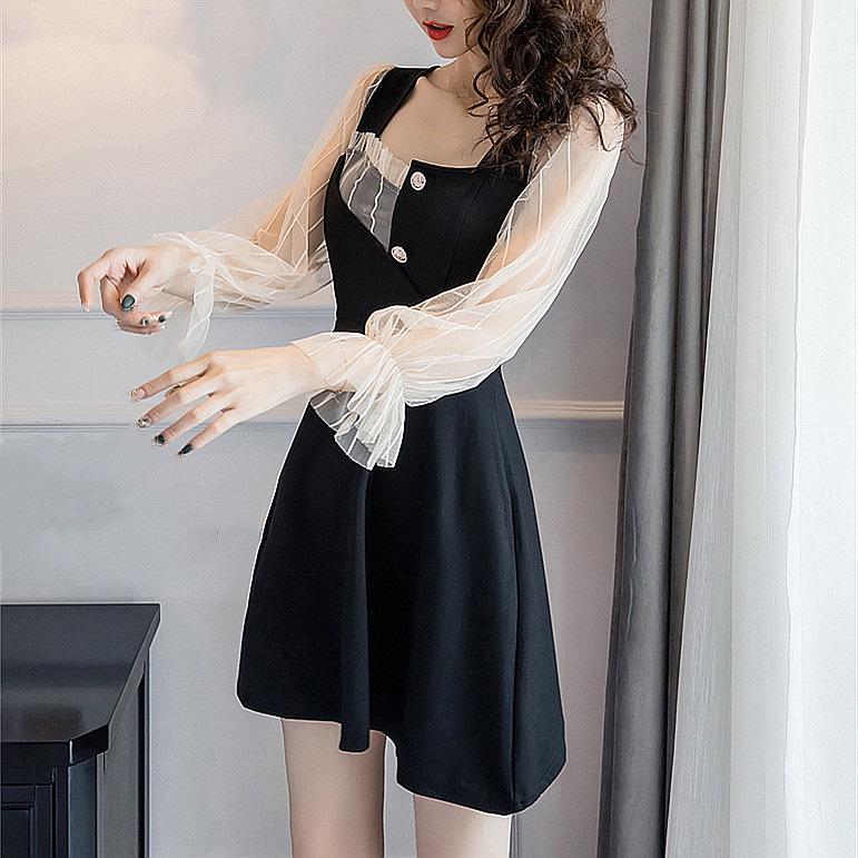 French Retro A-line Black Dress with Mesh Splicing & Long Sleeves