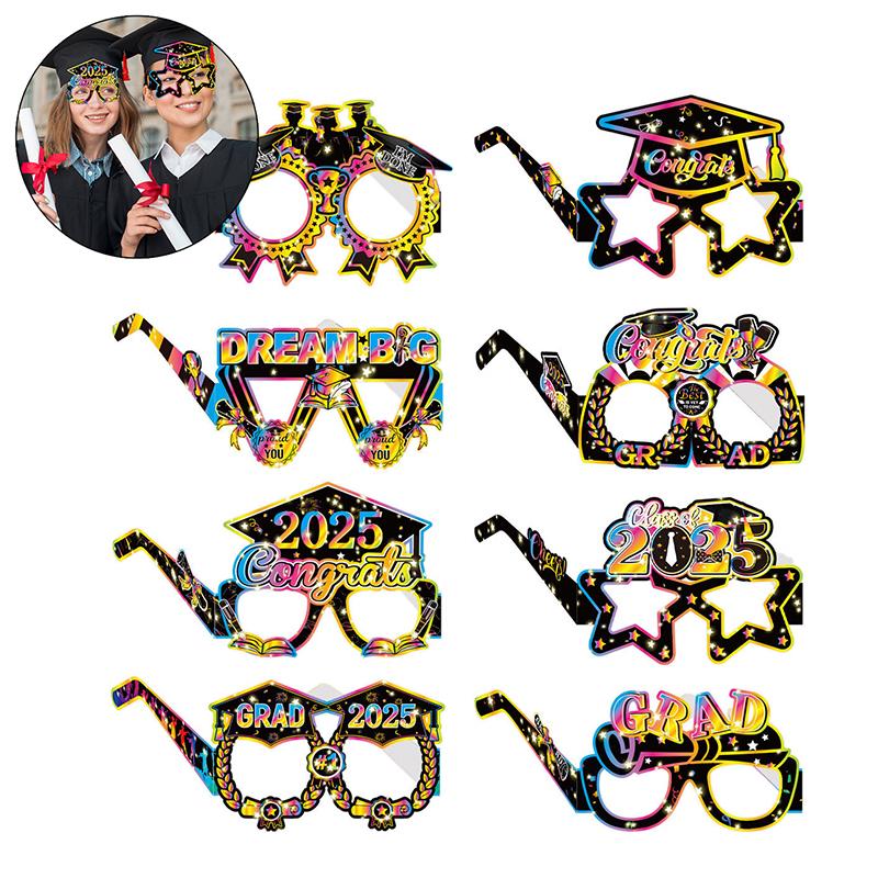 Schwarze Abschlussbrillen 2025 - 8er-Pack | Abschluss-Fotoautomaten-Requisiten 2025 für Abschlussdekorationen Abschlussjahrgang 2025