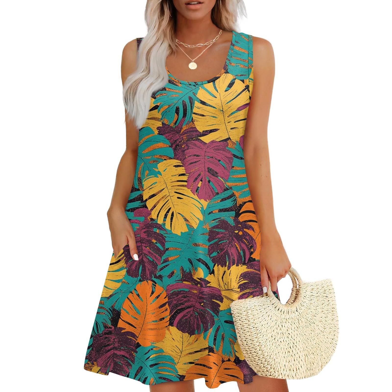 

Жіноча повсякденна модна сукня без рукавів з U-подібним вирізом і принтом L жовтий