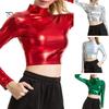 Lady Crop Top Women Club Half-high Collar Glossy Surface Skinny Waist-exposed Solid Color Soft Pullover Breathable Pole Dance Performance Party