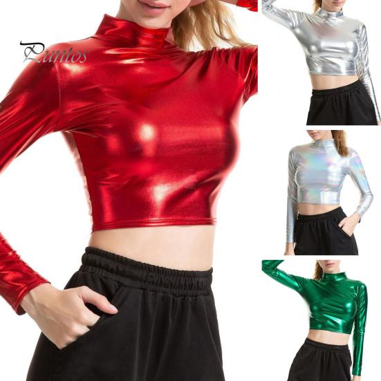 Lady Crop Top Women Club Half-high Collar Glossy Surface Skinny Waist-exposed Solid Color Soft Pullover Breathable Pole Dance Performance Party