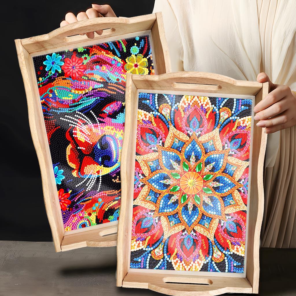 Mandala Pattern Wood Serving Food Trays With Side Handles Large Capacity Housewarming Christmas Gifts For Restaurants Homes