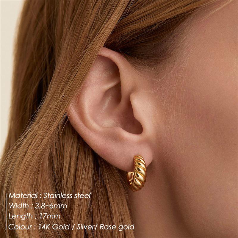 Gold-Plated Korean Croissant Twist Earrings - Stainless Steel Studs for Women