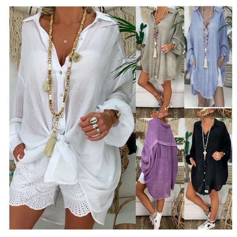 Tunic Cardigan Casual Loose Solid Color Loose Women's Long Sleeve Cotton Linen Shirt Top Plus Size