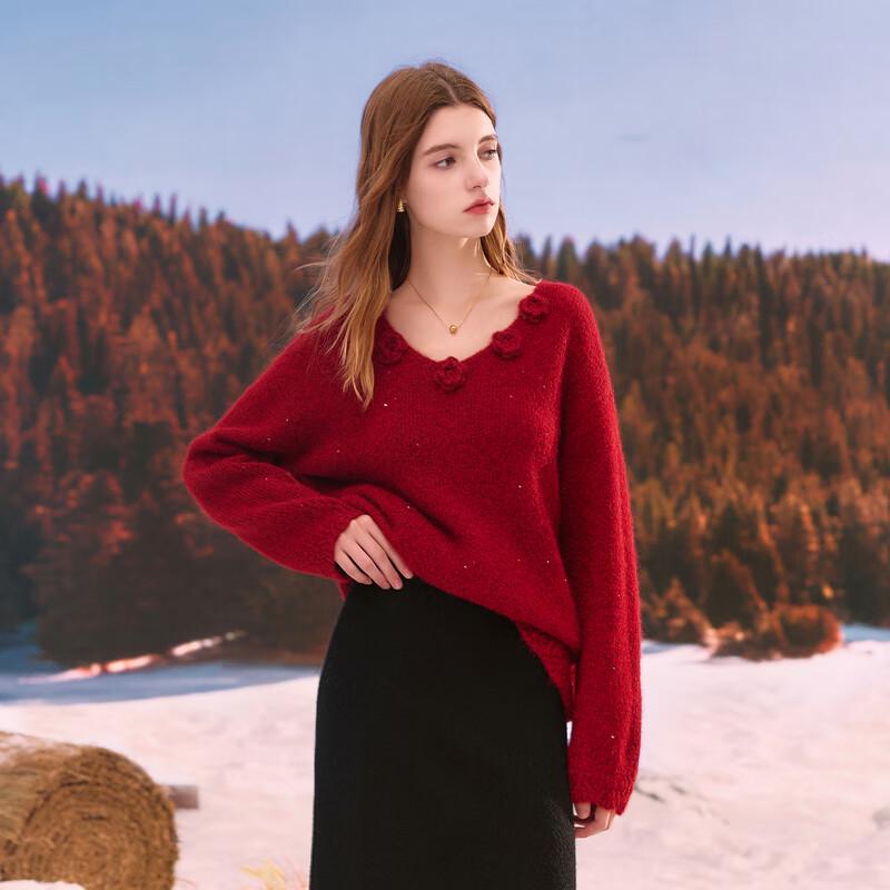 Sancai Women's V-Neck Floral Knit Sweater