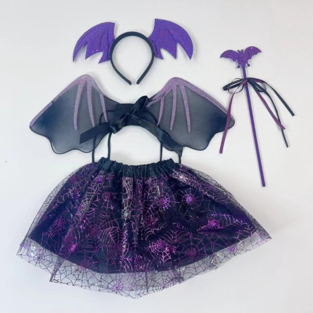 Spider Web Cosplay Outfit Bat Wing Halloween Kids Skirt Children Costume Set  Dress Up