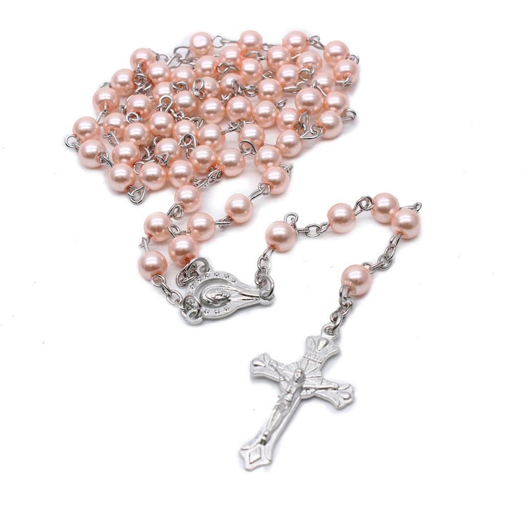 Pink Pearl Cross Rosary Necklaces Bead Hangable Pendant Charm for Women Men Praying Meditation Gift Supplies