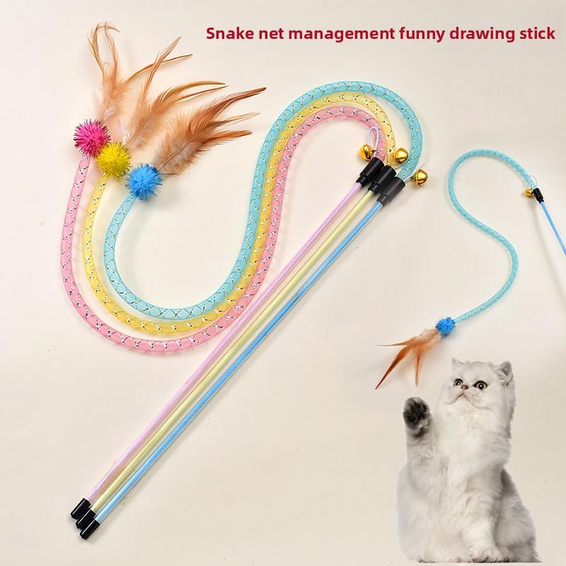 New Cat Toy for The Year of The Snake, Snake-shaped Cat Teaser, Elastic Net Tube, Hairball and Feather, Interactive Cat Toy