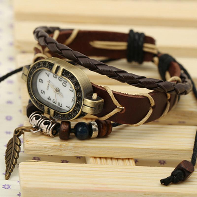 Women Genuine Leather Vintage Quartz Watch Multi Layer Handmade Bracelet Wristwatches Adjustable Length Couple Watch  Bangle