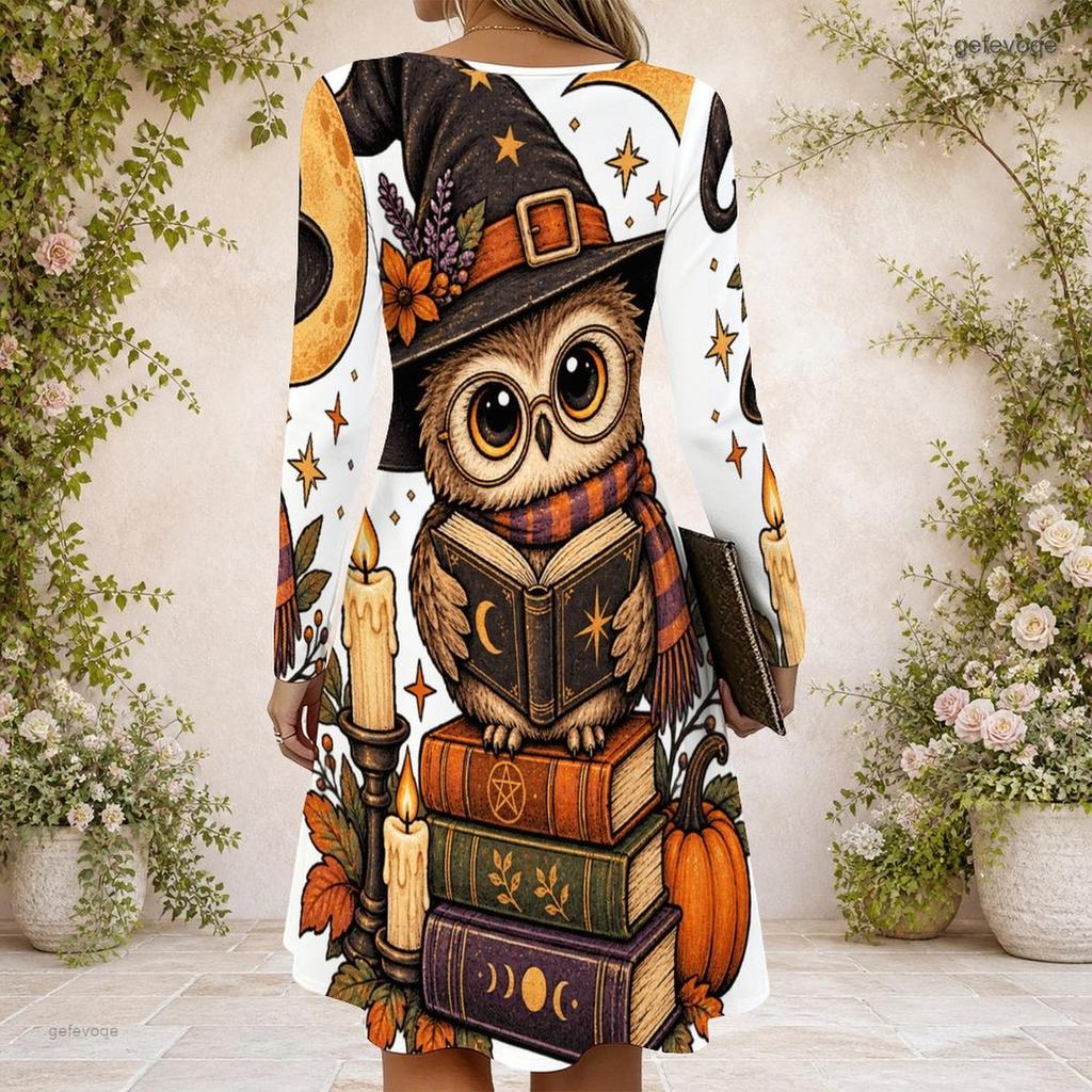 Women Criss Cross V Neck Long Sleeve Halloween Raccoon Witch Pumpkin Print Curved Hem Dress