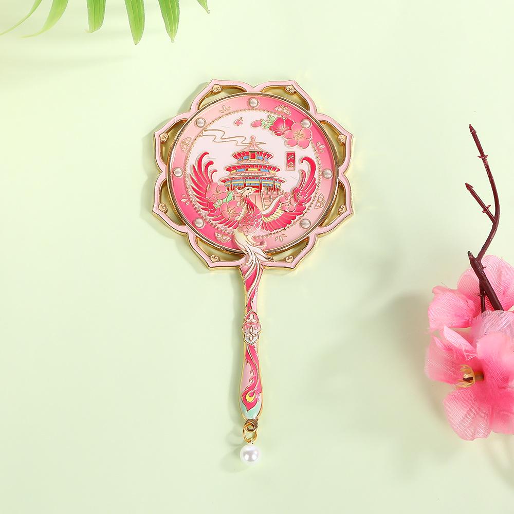Lotus Handle Makeup Mirror with Temple of Heaven Pearl Pendant - Portable Cultural Style Mirror