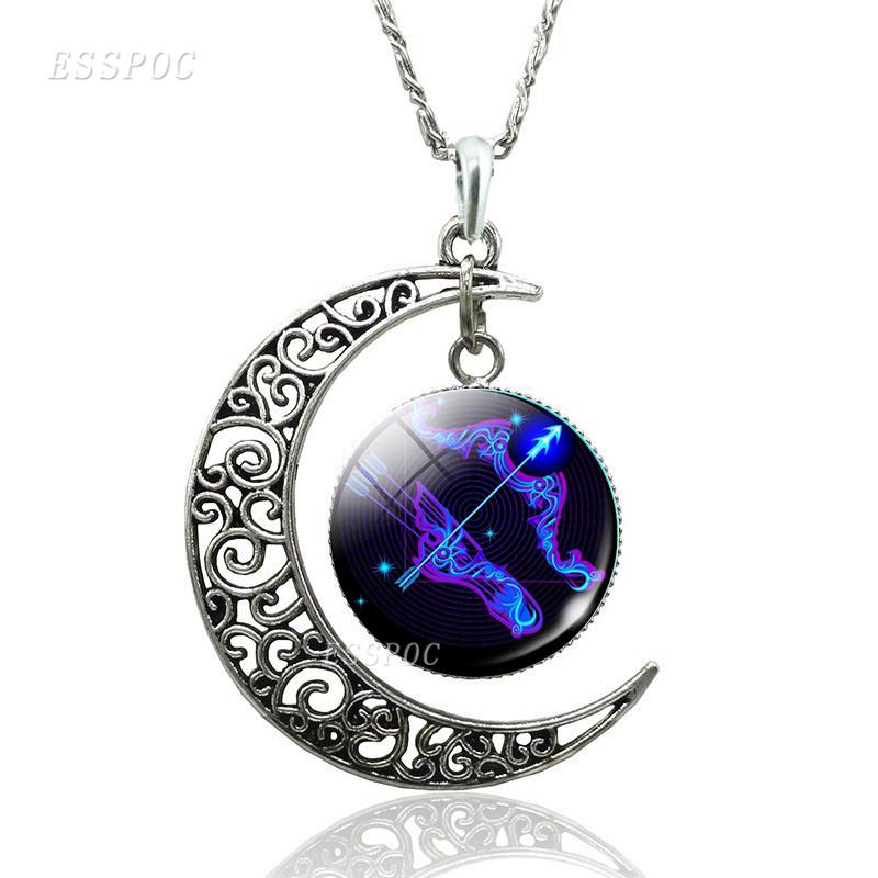 12 Constellation Necklace Zodiac Signs Cabochon Glass Crescent Moon Pendant Clavicle Chain Necklace Birthday Gifts for Women