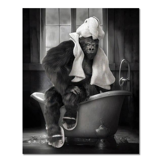 Funny Animal In Bathroom Poster Giraffe Elephant Orangutan Zebra Sitting In Bathtub Canvas Painting Toilet Wall Art Pictures No Frame