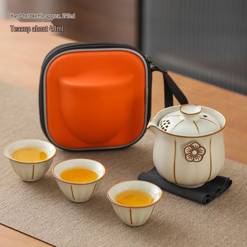 Ru Kiln Portable Tea Set with Three Cups - Ideal for Travel, Home, or Corporate Gifts