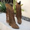 Stivali Alti al Ginocchio da Donna Cowboy Western Leopardo Punta Appuntita Tacco Alto Grosso Nappa Stivali Lunghi Donna Autunno Frange Botas Scarpe
