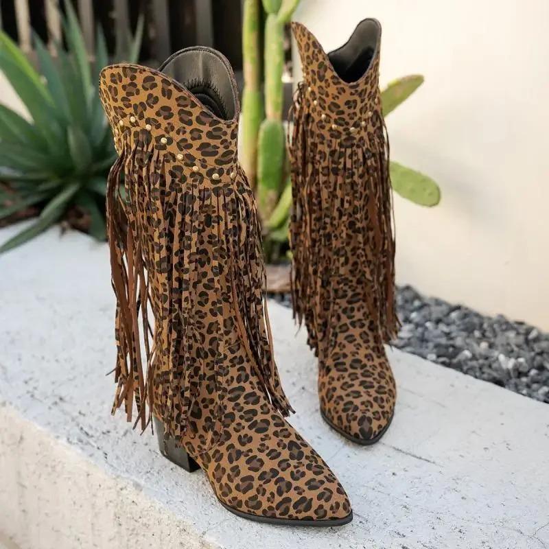 Stivali Alti al Ginocchio da Donna Cowboy Western Leopardo Punta Appuntita Tacco Alto Grosso Nappa Stivali Lunghi Donna Autunno Frange Botas Scarpe