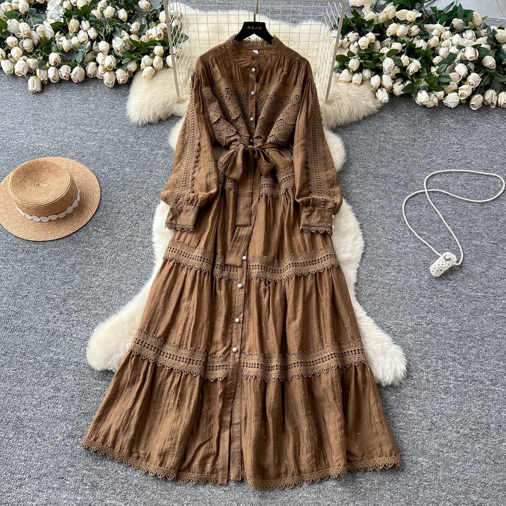 

Винтажное сексуальное кружевное платье со шнуровкой, блестящее, А-силуэта, с длинными рукавами, шикарное летнее пляжное платье, Vestidos, женские платья для отпуска One Size кофейный