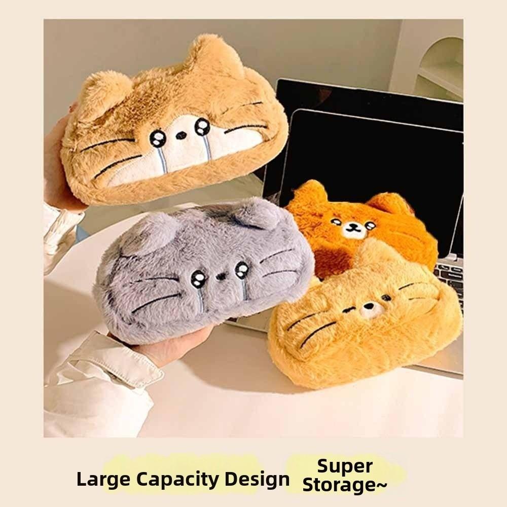 Embroidered Cartoon Pencil Case Kawaii Stationery Storage Bag Plush Cat Stationer Bag  Student Use