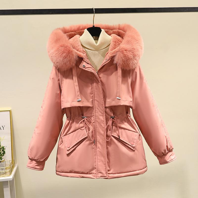 Big fur collar hooded pie overcomes women's autumn and winter drawstring waist pocket thermal cotton clothes