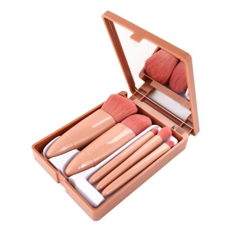 5-Piece Portable Makeup Brush Set with Mirror - Multifunctional Beauty Tool for Powder and Blush
