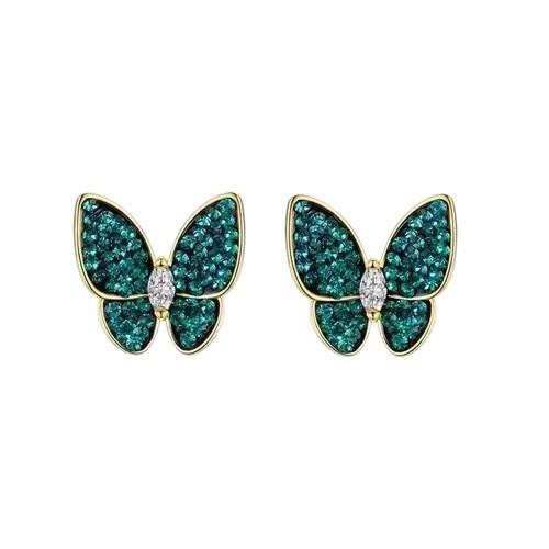 Korean exquisite micro-inlaid zircon stud earrings, full zirconium butterfly earrings, sapphire blue-green earrings, high-end silver needles.