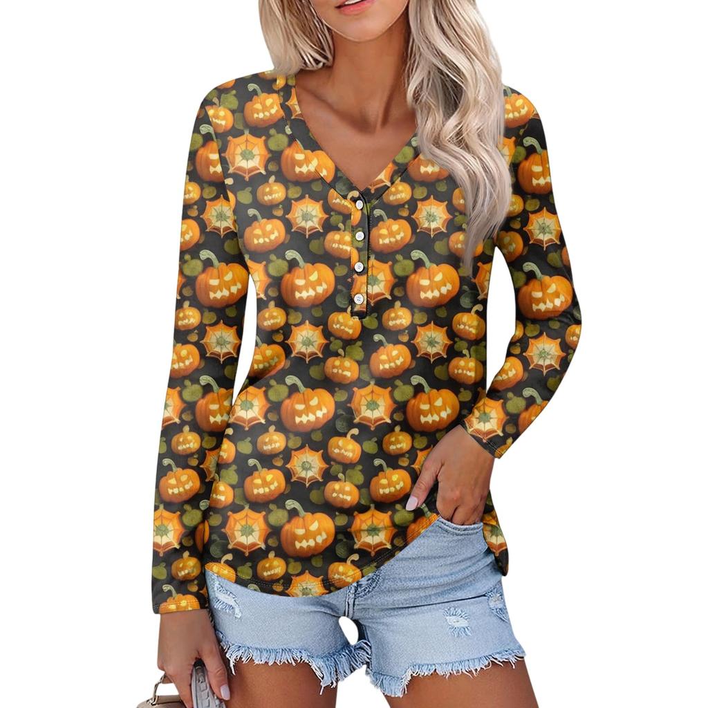 Women's Casual Fashion Sexy Comfort Halloween Printed V-Neck Button Long Sleeve