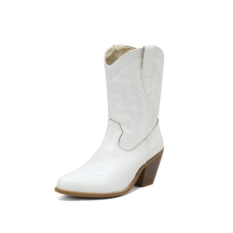 

ANNYMOLI Жіночі короткі чоботи для ковбойок до щиколотки, круглий носок, товсті високі підбори, вишивка, ковбойські чоботи в стилі Вестерн, жіноче модне взуття, зима 46 36 білий