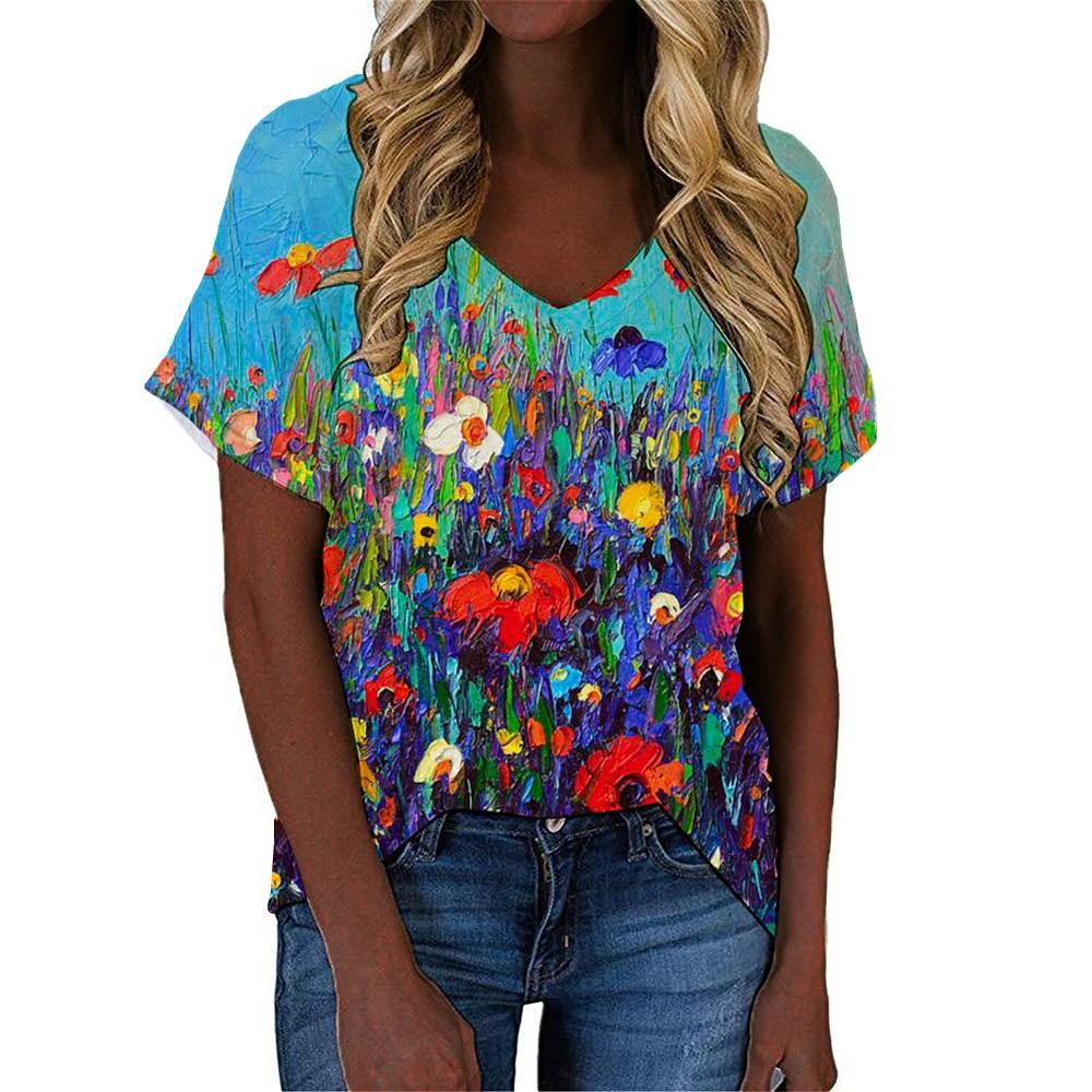 Neue Sommerliche Blumen Ölmalerei 3D Druck Damen V-Ausschnitt T-Shirts Harajuku Streetwear Oversized T-Shirt Tops Damenbekleidung