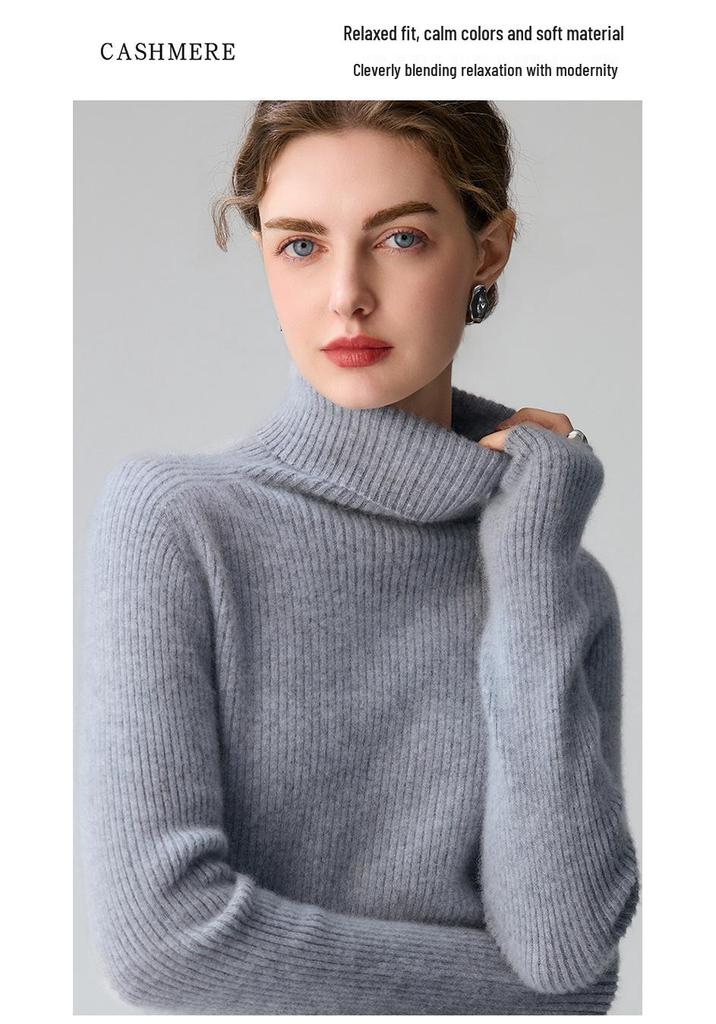 Women's High Neck Slim Fit Pure Cashmere Sweater - Warm Ribbed Knitwear for Autumn/Winter 2026 in Solid Colors