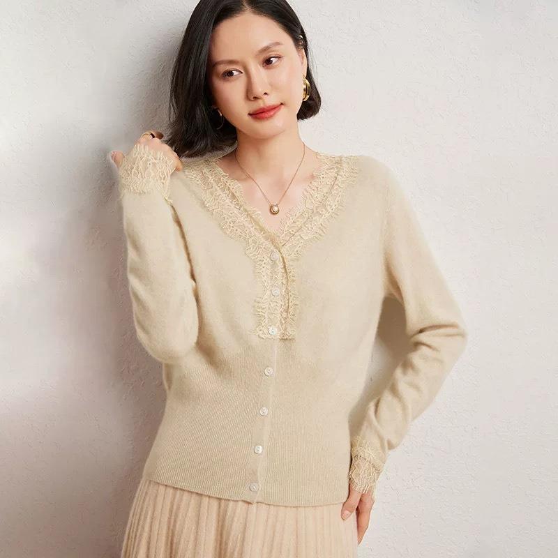 Lace Splicing V-neck Knitted Cardigan Jacket Women's Outer Knitted Sweater Women's Autumn and Winter Sweater with Bottoming Shirt Top