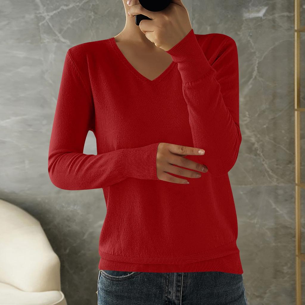 Women's Fashion Loose Knit Sweater Bottom Shirt V-Neck Pullover Long Sleeve Solid Color Top