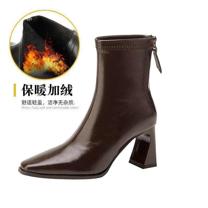 

High Heel Short Boots Jimelard Boots Medium Boots Coarse Heel Brown French Short Boots 40