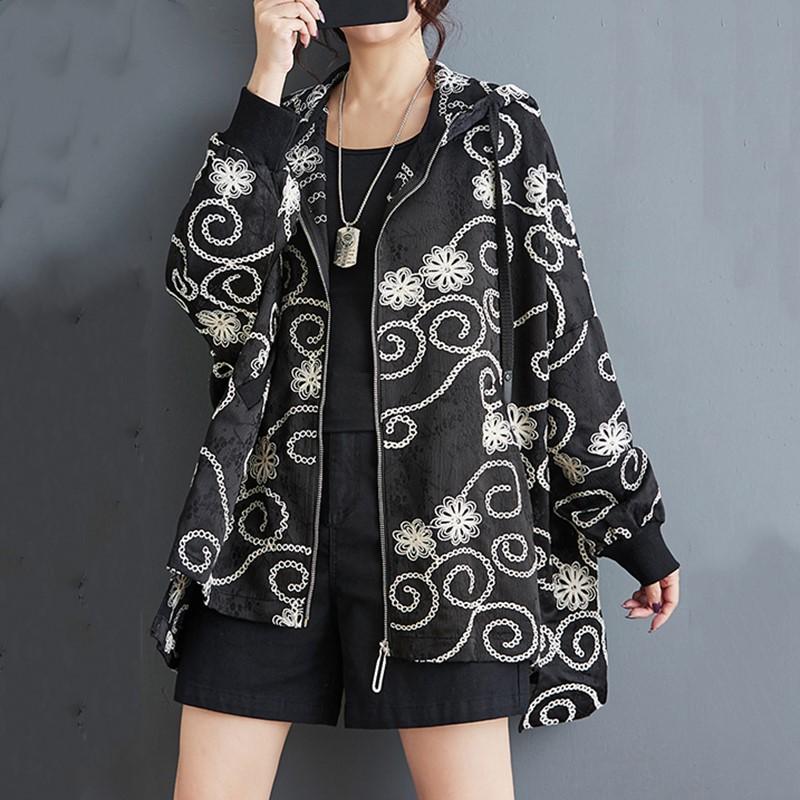 Langarm plus Größe schwarz mit Kapuze Vintage Blumen lässig lose Herbst Frühling Jacke Mantel Frauen Tops