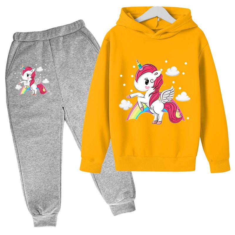 Girls' Hoodie Set Casual Sports Hoodie Set Cartoon Unicorn Print Spring and Autumn CuHK Children Long-sleeved Two-piece Set