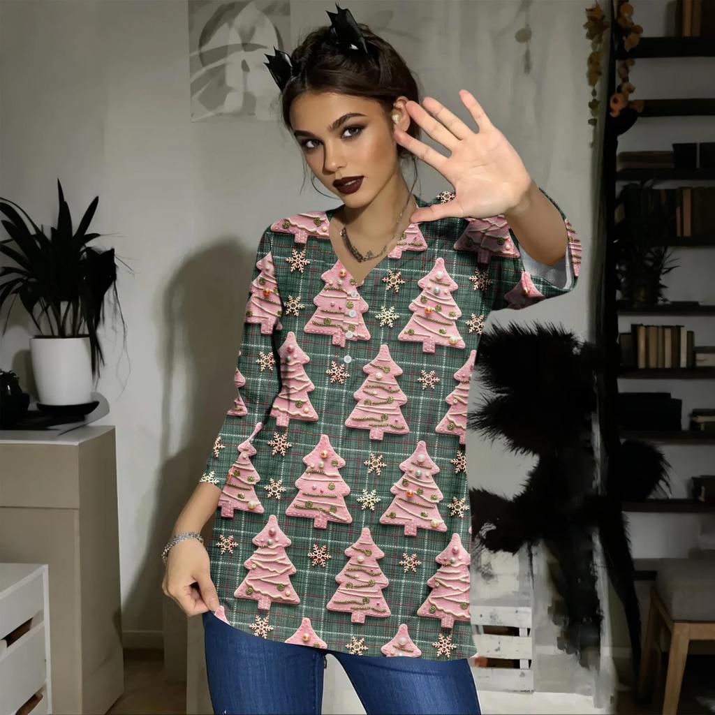Women's Casual Fashion Sexy Comfortable Christmas Print V-Neck Button Three-quarter Sleeve Top