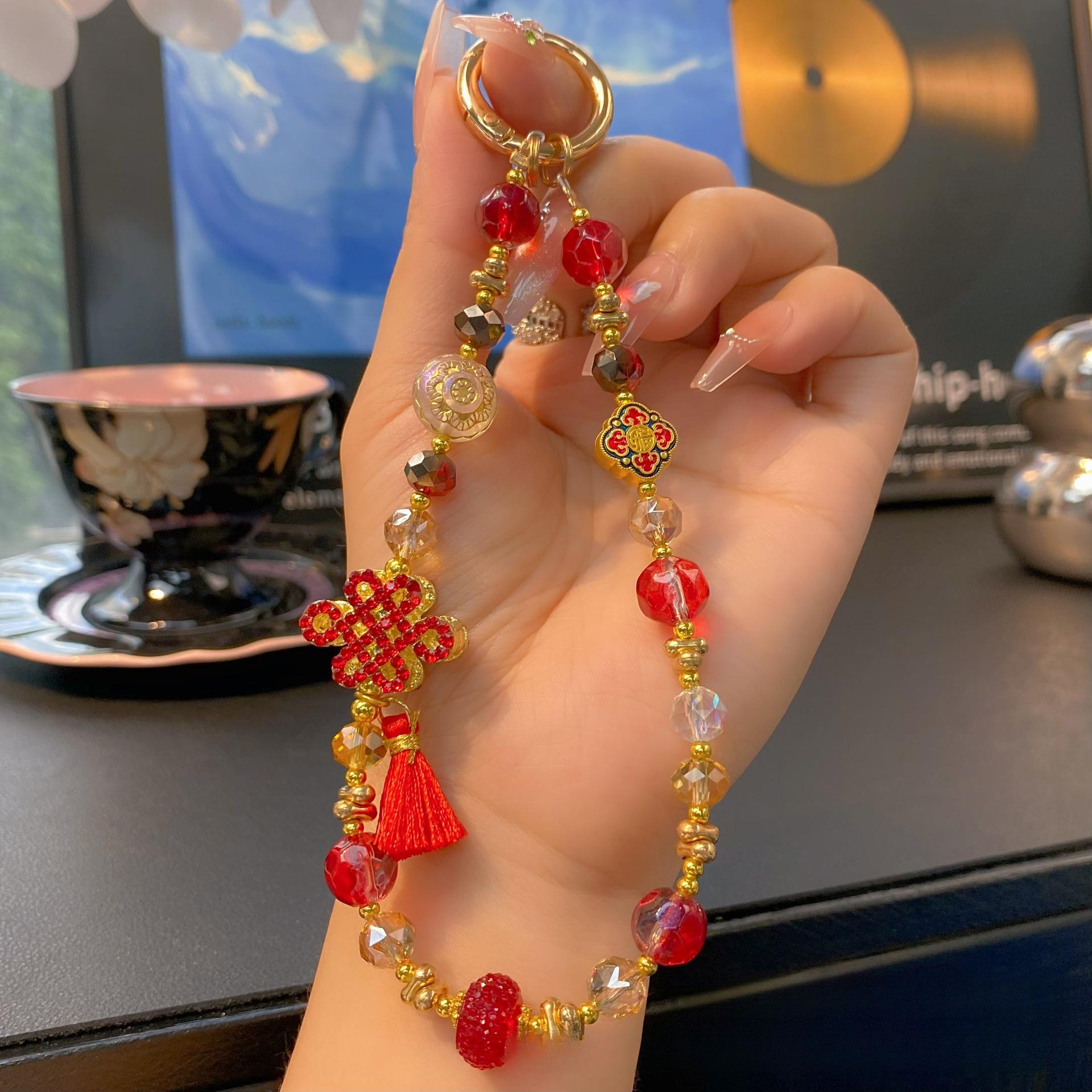 

Телефонная цепочка в винтажном стиле, оригинальная цепочка с подвесками из сплава с бусинами в виде бабочки, аксессуар для сумки в китайском стиле, брелок, шнурок для чехла телефона для женщин Red Tassel Chinese Knot