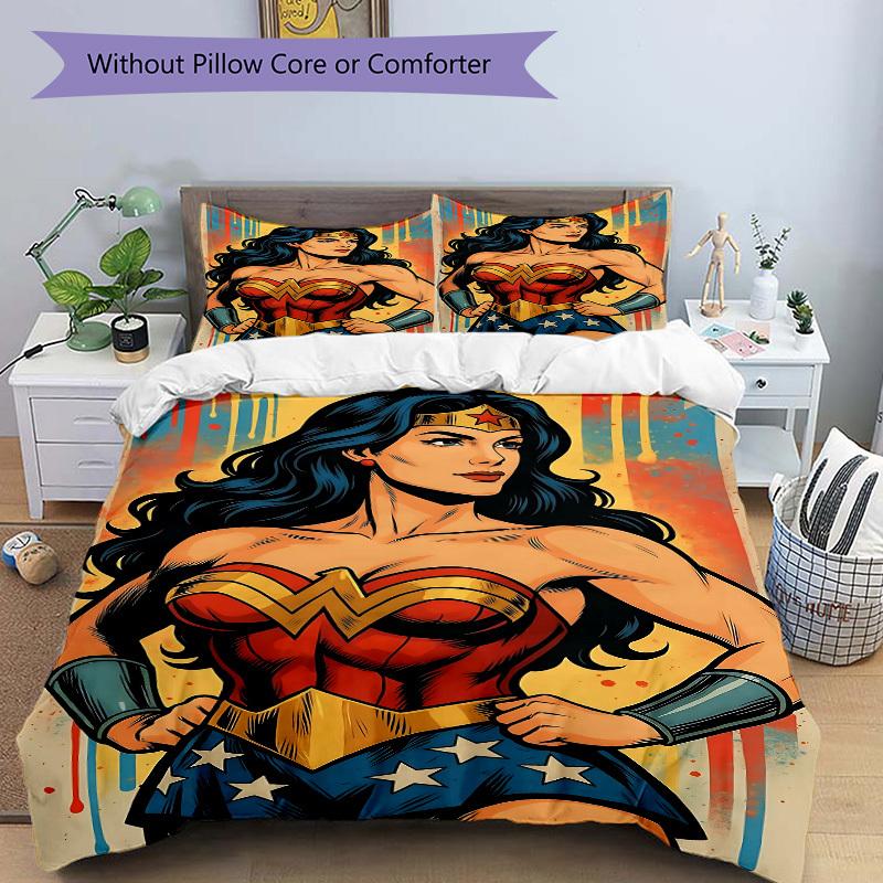 3pcs Wonder Woman, Superhero Cover Set, Bedding Set, Soft Comfortable Duvet Cover, For Bedroom, Guest Room (1*Duvet Cover + 2*Pillowcases, W