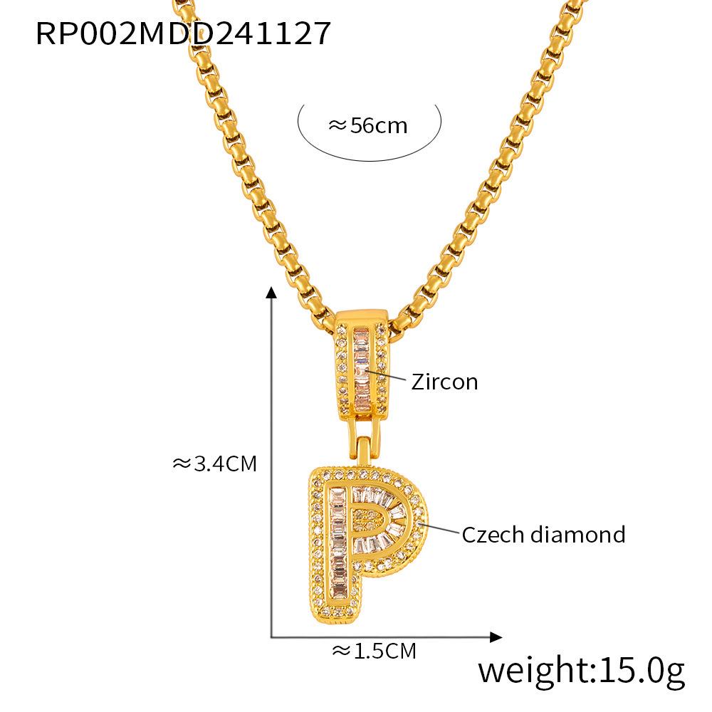 Minimalist Letter Inlaid Diamond Copper Pendant Necklace with Long Box Chain in Gold-Plated Titanium Steel