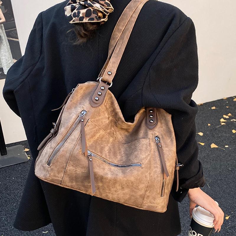 Yogodlns Zipper Tote Bag Solid Color PU Leather Large Capacity Shoulder Bag Minimalist Style Shoulder Bag for Women Daily Commute Use