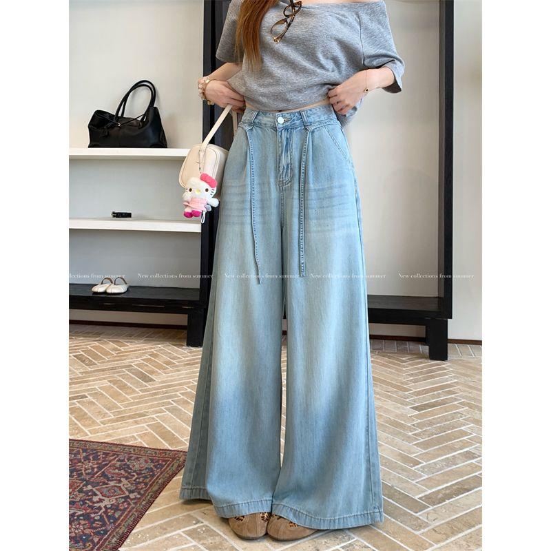 

Kumikumi American Retro Drawstring Loose Denim Women Fall High Waist Slimming All-Matching Loose Pants Mop Pants Light Blue S