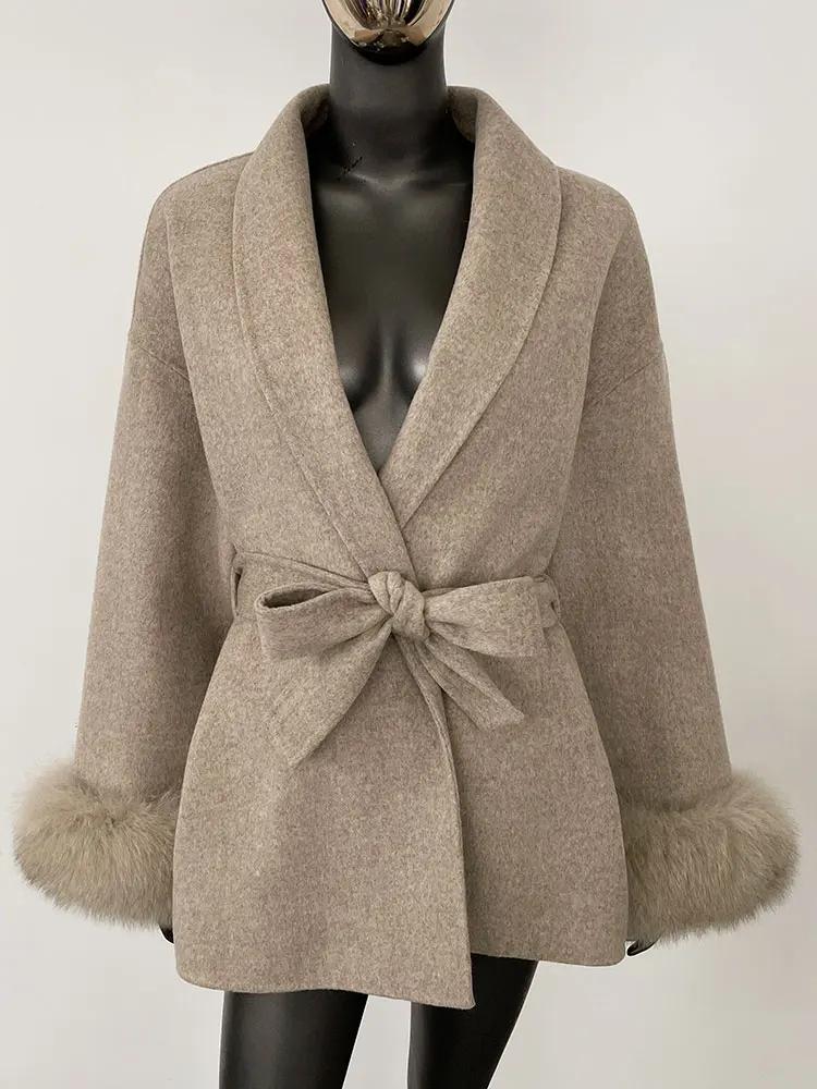 OFTBUY Oversize Loose Autumn Winter Women Coat Real Natural Fox Fur V-neck Woolen Blends Jacket Thick Warm Casual New Overwears