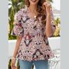 Fashion Women's Tropical Floral Printed V-neck Short Sleeved Casual Shirt with Edging Loose T-shirts
