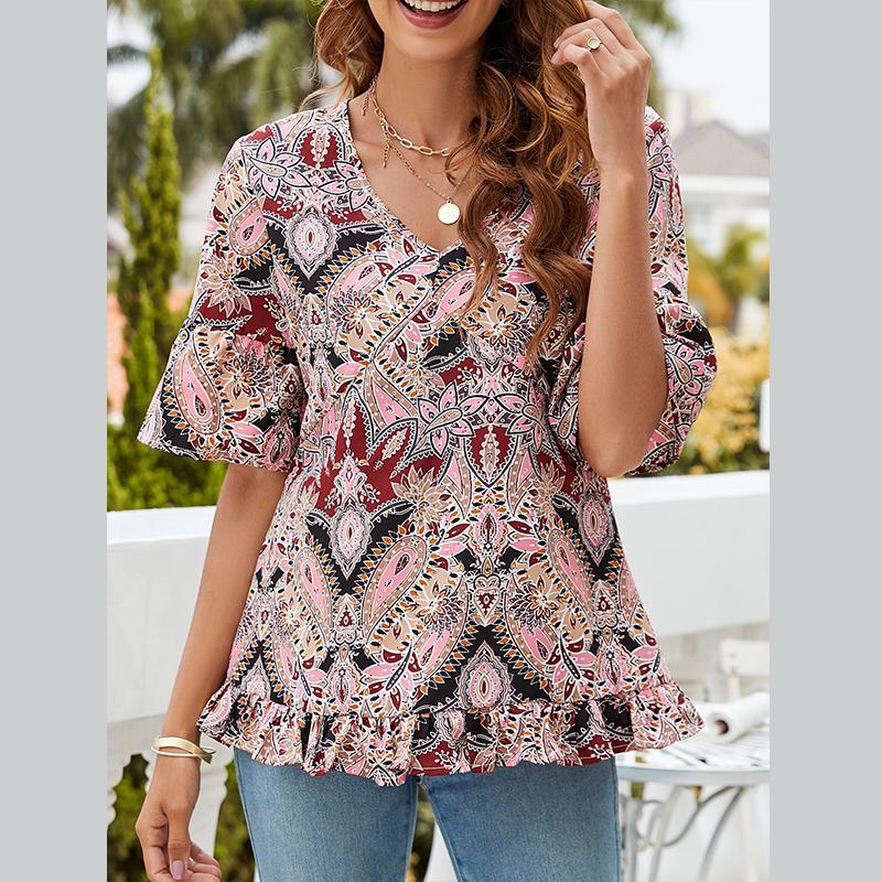 Fashion Women's Tropical Floral Printed V-neck Short Sleeved Casual Shirt with Edging Loose T-shirts