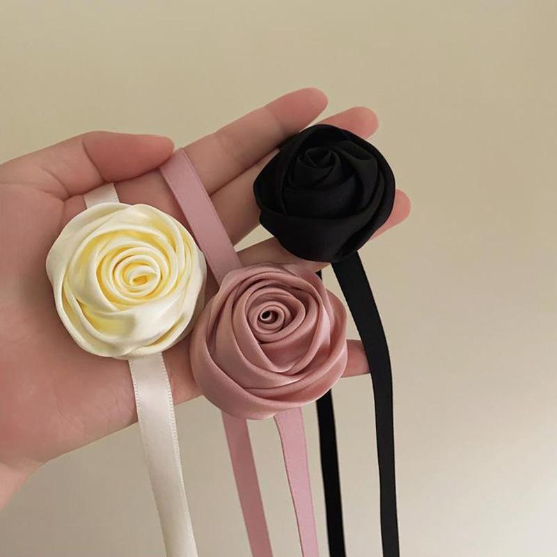 Rose satin necklace~ Super fairy French retro atmosphere flower ribbon multi-purpose braided hair wrist necklace jewelry