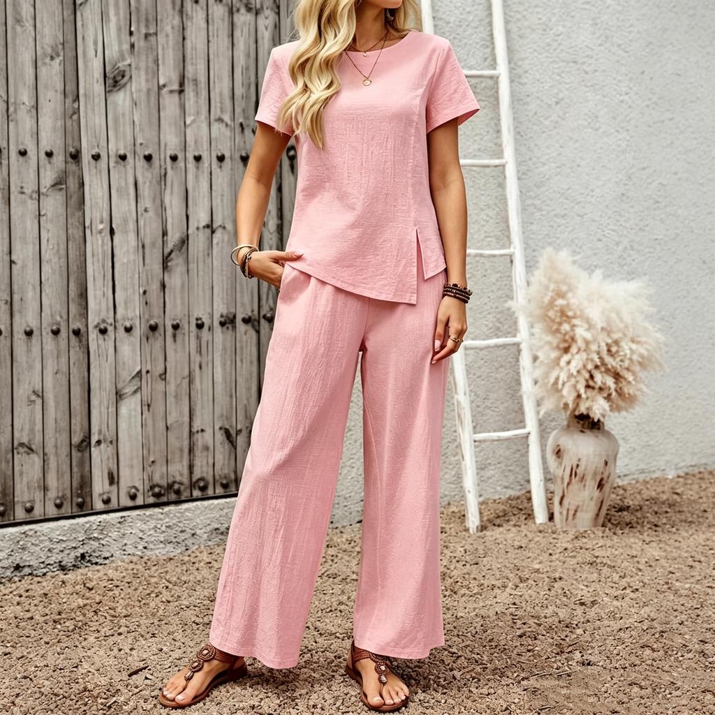 Women's Casual Two Piece Set Loose Fit Pullover Short Sleeve Top and Wide Leg Pants Lounge Wear Set for Daily Use