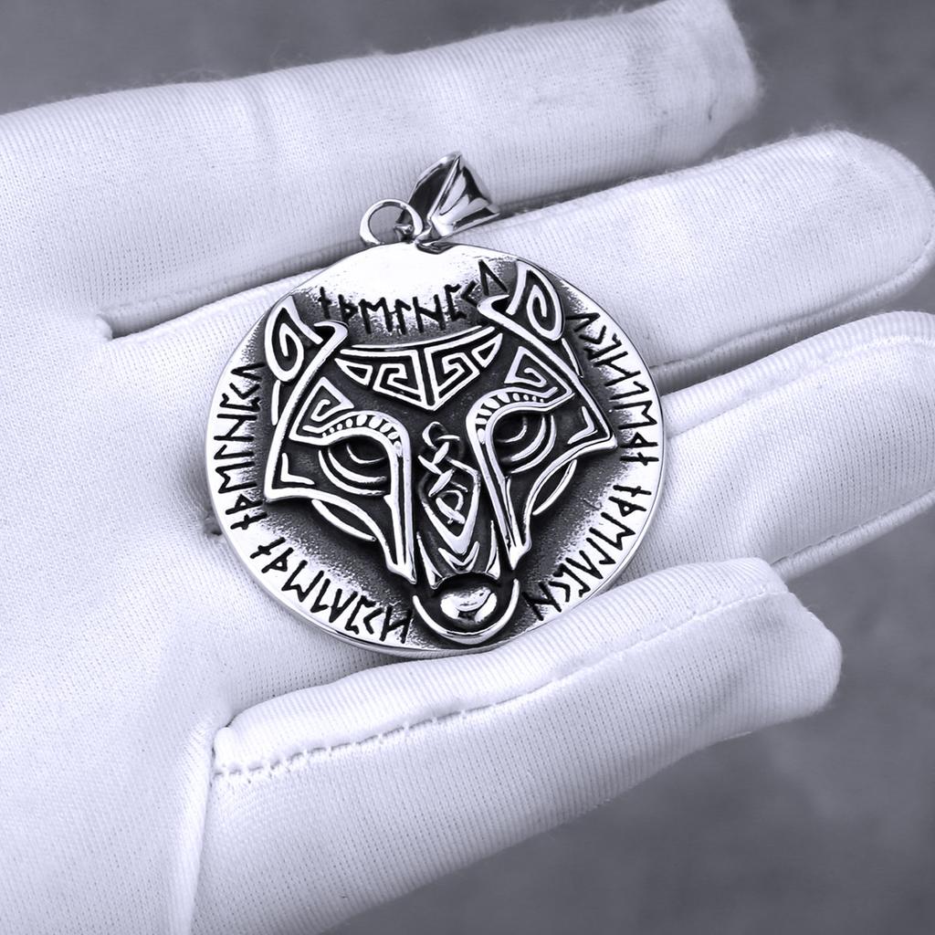 Stainless Steel Viking Mixed Gold Wolf Head Rune Necklace Men Retro Fashion Odin Amulet Pendant Necklace Hip-hop Biker Jewelry