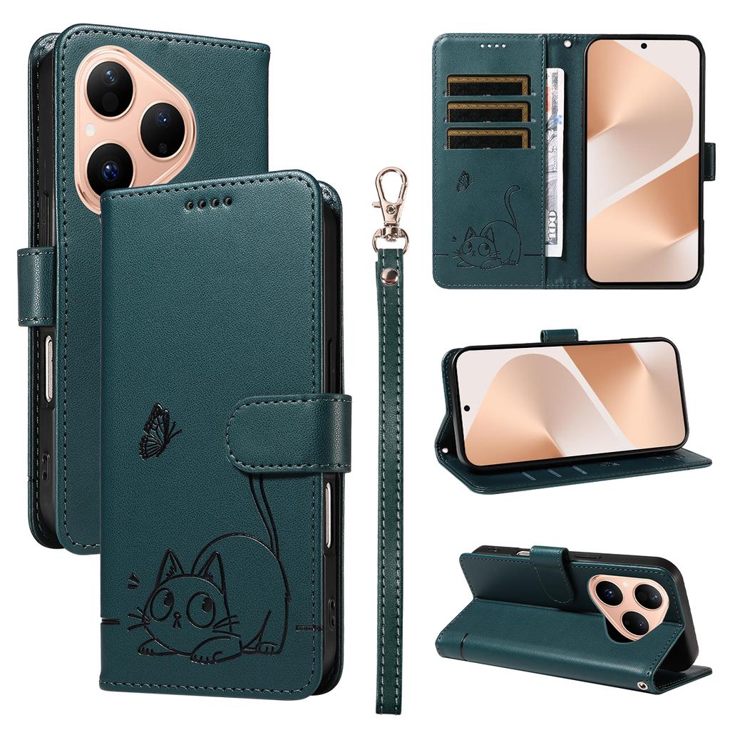 For Huawei Pura 80 Case Cat Pattern Imprint Leather Phone Cover with Wrist Strap