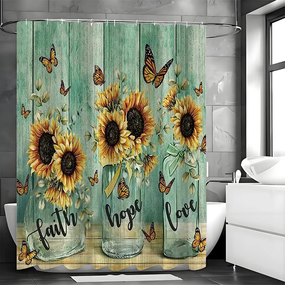 Glass Bottle Sunflower Butterfly Wooden Panel Shower Curtain, Bathroom Decorative Shower Curtain, Waterproof Shower Curtain with
