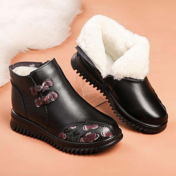 Medium leather boots winter new velvet non-slip flat-soled short boots thickened warm old lady cotton shoes